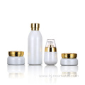 Wholesale High-grade golden carved ABS cap white glass cosmetic bottles/jars with good price